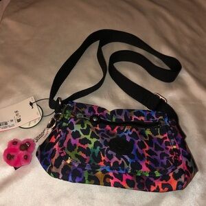 Kipling Sabian Nylon Crossbody Bag Rainbow Jungle Print + Monkey Key Chain NWT